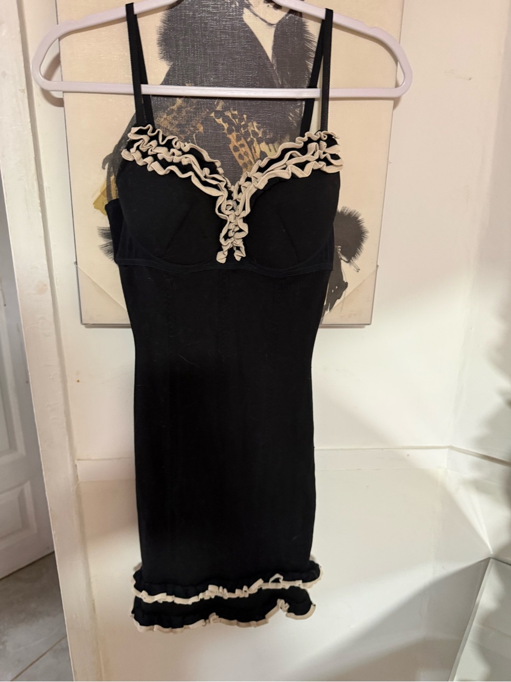 Guess by Marciano Black Slip Dress with Cream Ruffle Trim, build in bra